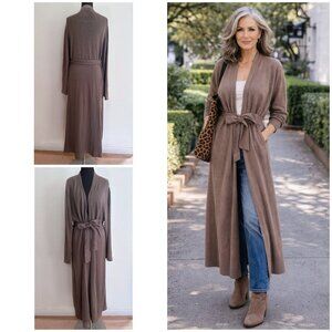 VGUC Lane Crawford Silk & Cashmere Warm Taupe Mushroom Belted Longline Cardigan